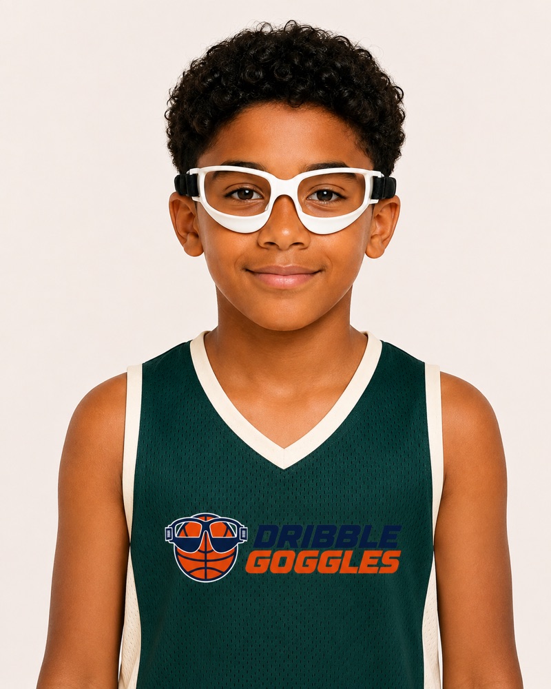 Young basketball player wearing white Dribble Goggles
